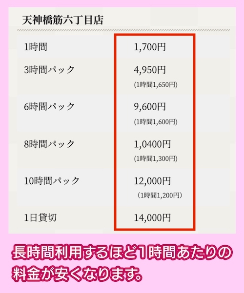 レンタルスペース大阪 rös(天神橋筋六丁目店)の料金相場