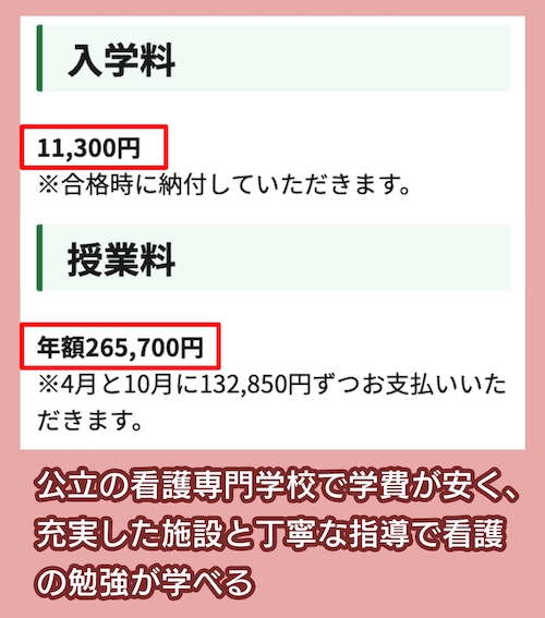東京都立板橋看護専門学校の料金相場