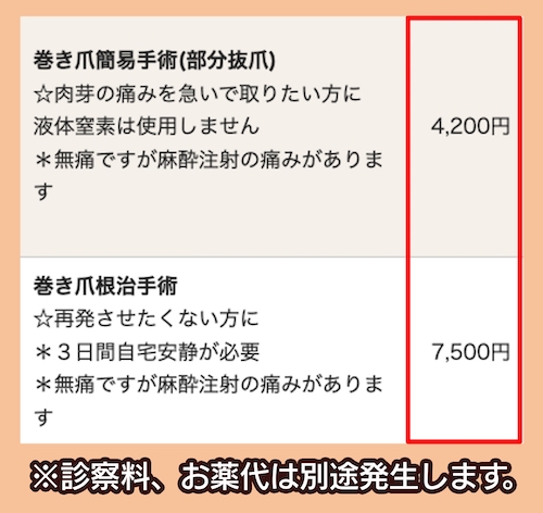 神楽坂肌と爪のクリニック 巻き爪手術の料金