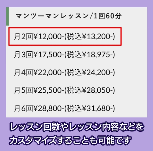 ボーカルレッスンミュウ「マンツーマンレッスン月2回」の料金