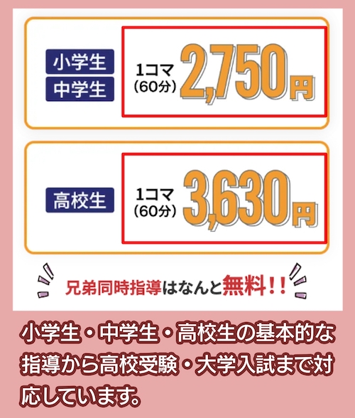 オンライン家庭教師の銀河の料金相場