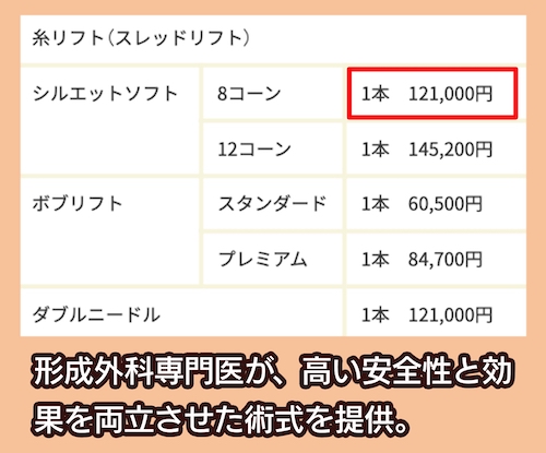 自由が丘クリニックの糸リフトの料金